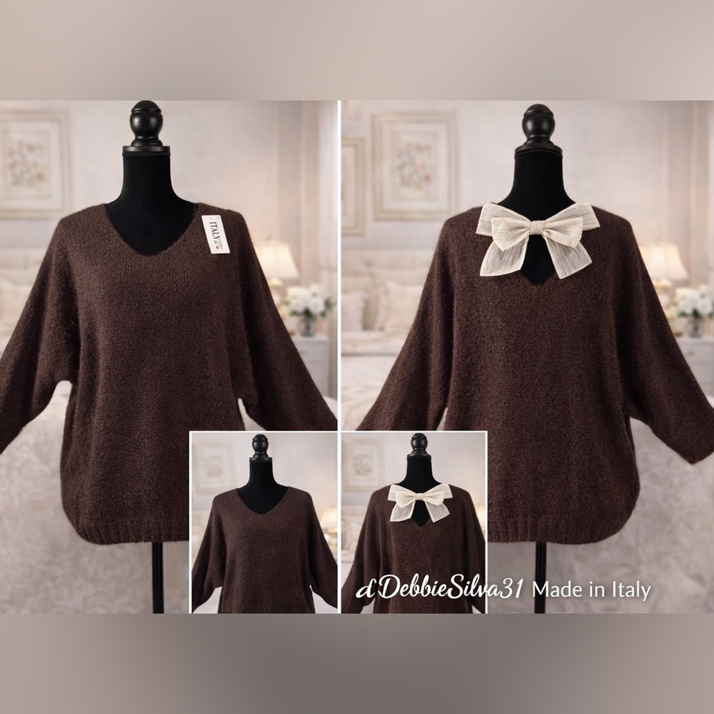 Dark Brown Sweater with Light Cream Bow 🇮🇹 Made In Italy